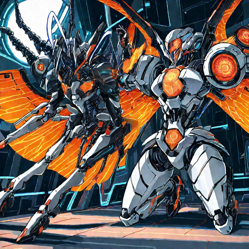 K-7 kneeling protectively over a glowing pale-orange egg-pod